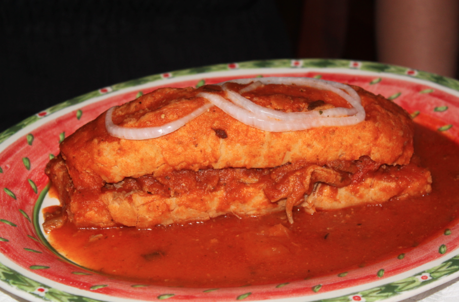 A Guadalajara special: drowned torta filled with carnitas. Though not very photogenic, it was tasty.
